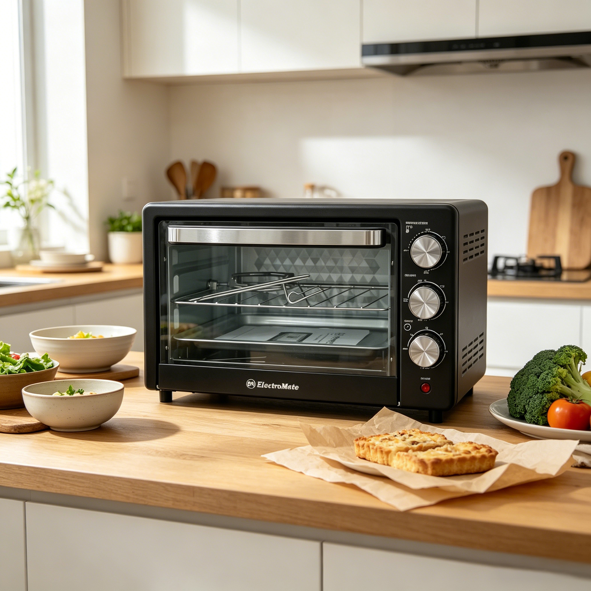 EM 20 Litres Electric Rotisserie Oven – 3 Knob Multi-Function Toaster Oven, Built-in rotisserie function for perfectly roasted chicken, Adjustable temperature control for different recipes EO01 20L