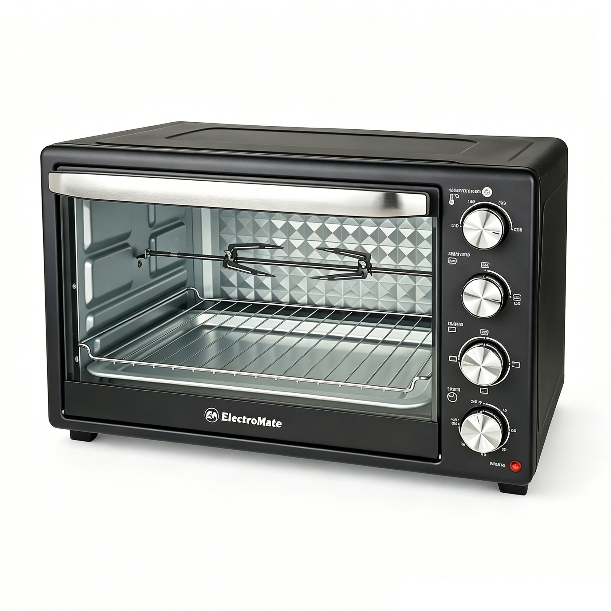 EM 45 Litres Electric Rotisserie Oven – 4 Knob Multi-Function Toaster Oven, Built-in rotisserie function for perfectly roasted chicken, Adjustable temperature control for different recipes EO02 45L