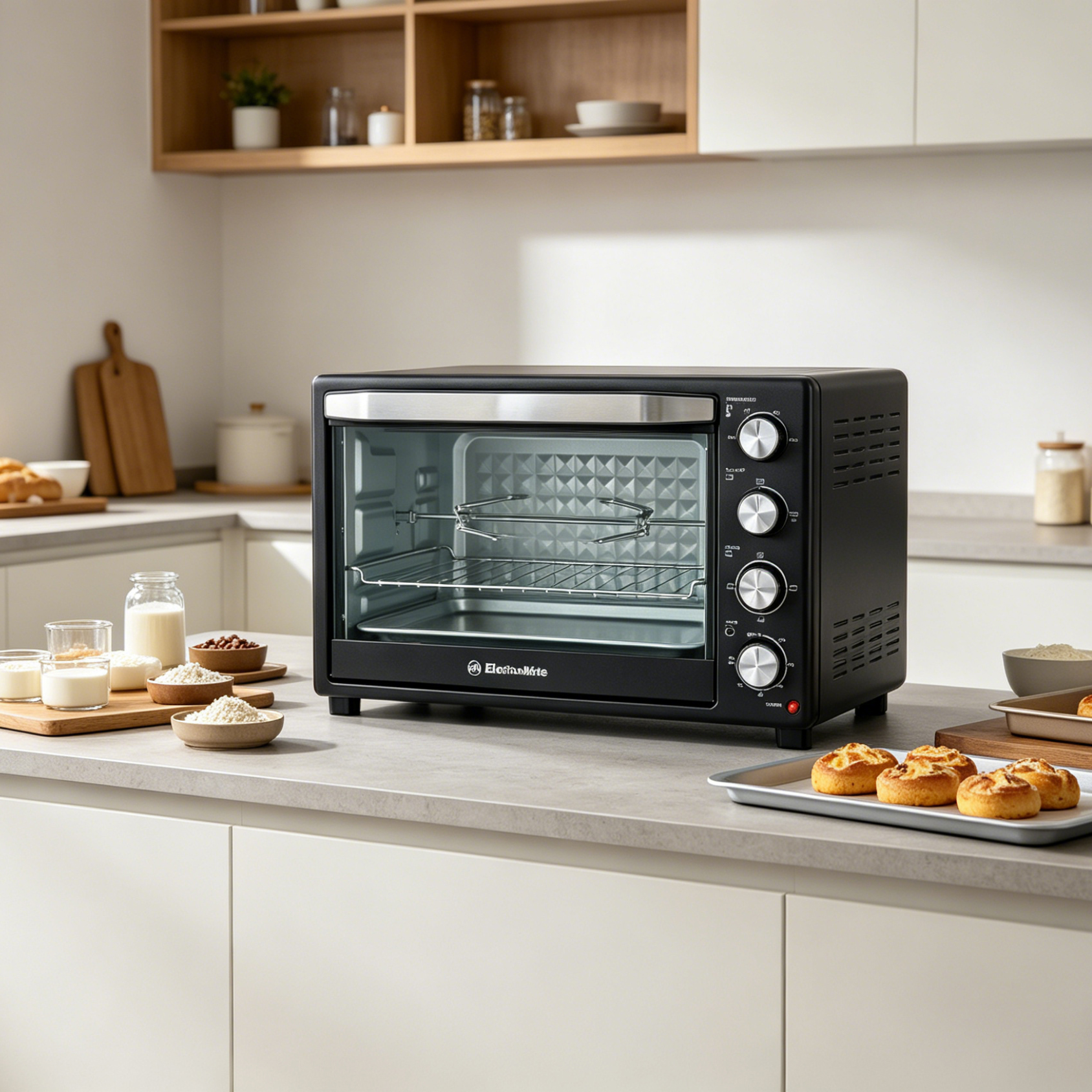 EM 45 Litres Electric Rotisserie Oven – 4 Knob Multi-Function Toaster Oven, Built-in rotisserie function for perfectly roasted chicken, Adjustable temperature control for different recipes EO02 45L