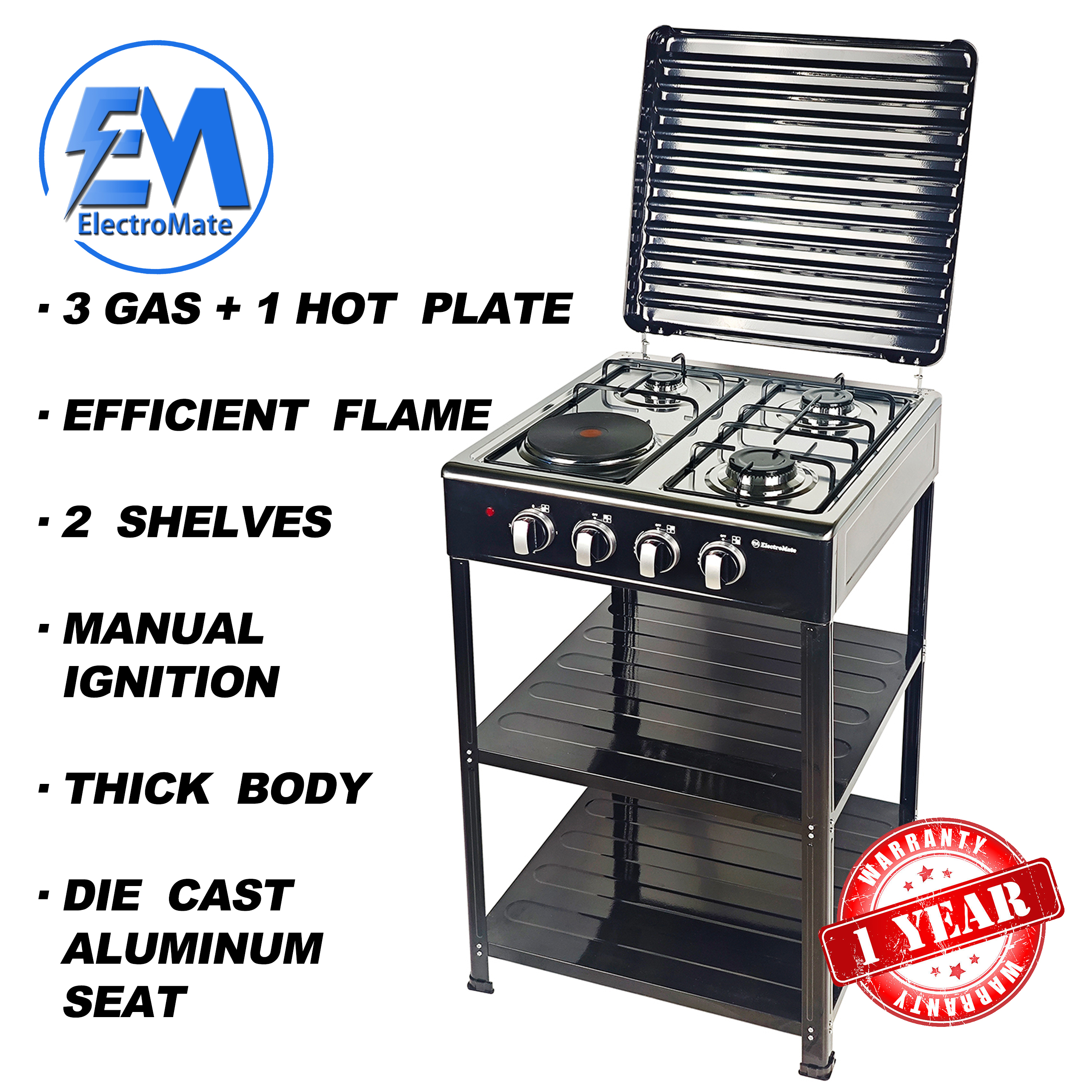 3 Gas + 1 Electric 4 Burners Free Standing Gas Cooker manual-ignition Cooking Range 55X50CM SGS04
