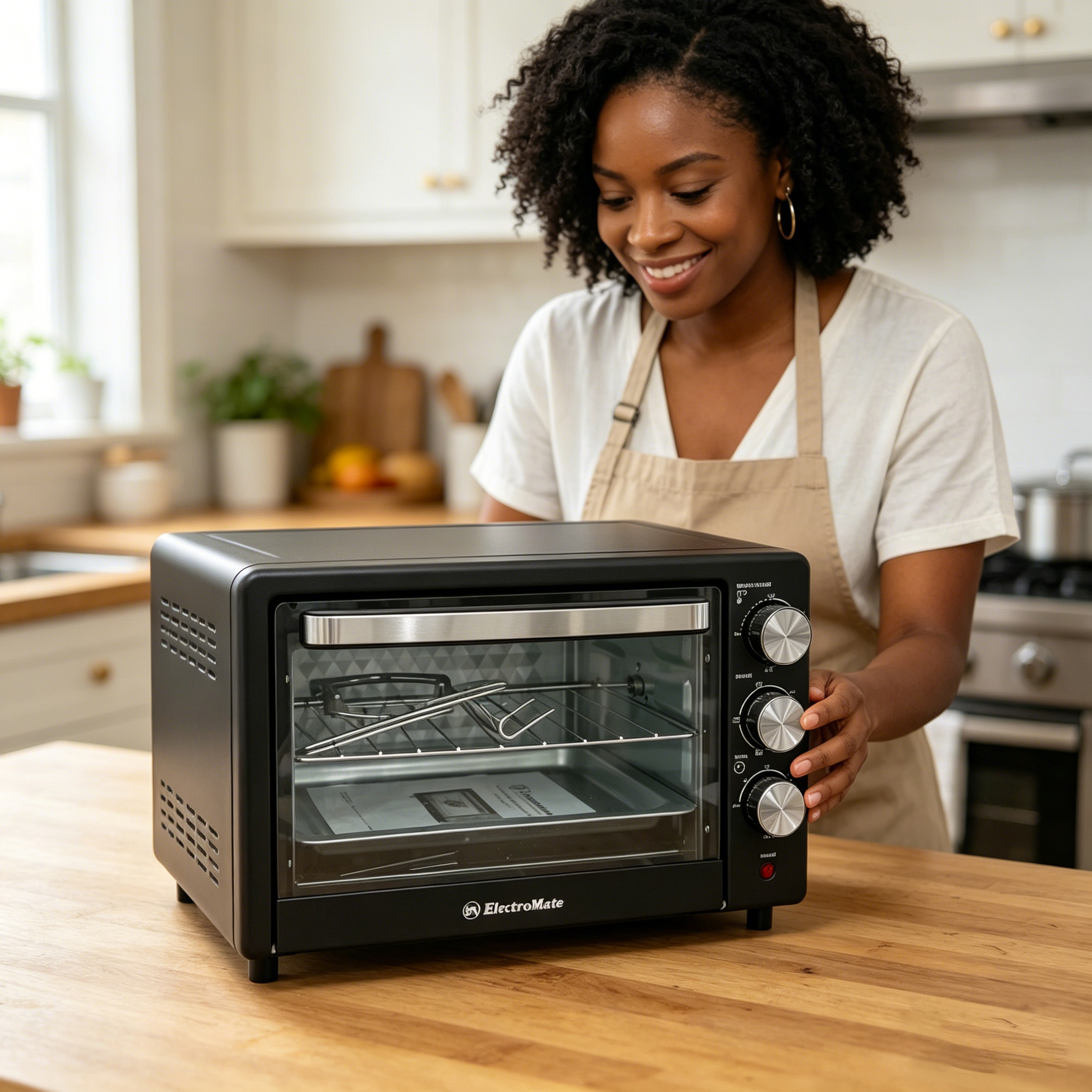 EM 20 Litres Electric Rotisserie Oven – 3 Knob Multi-Function Toaster Oven, Built-in rotisserie function for perfectly roasted chicken, Adjustable temperature control for different recipes EO01 20L