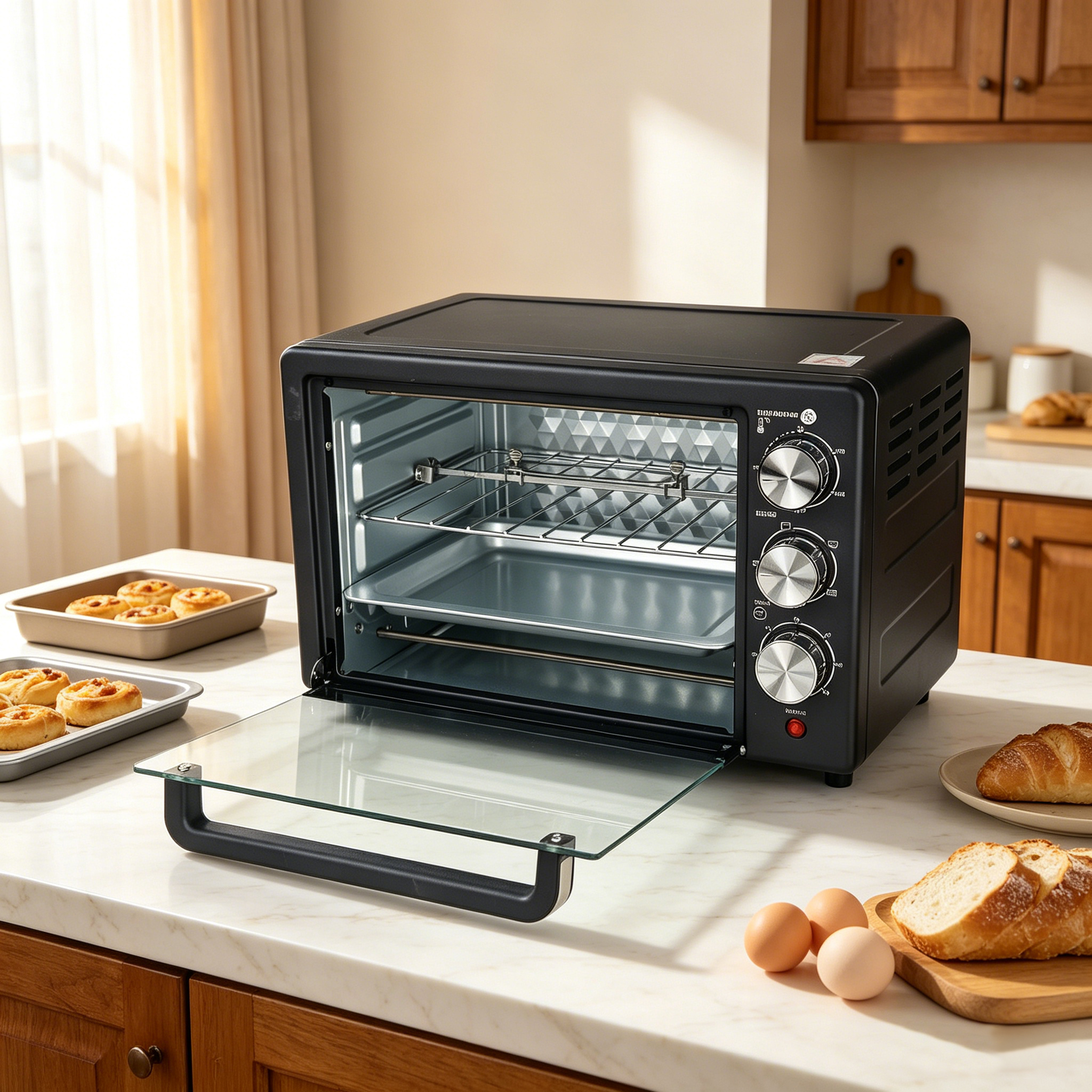 EM 20 Litres Electric Rotisserie Oven – 3 Knob Multi-Function Toaster Oven, Built-in rotisserie function for perfectly roasted chicken, Adjustable temperature control for different recipes EO01 20L