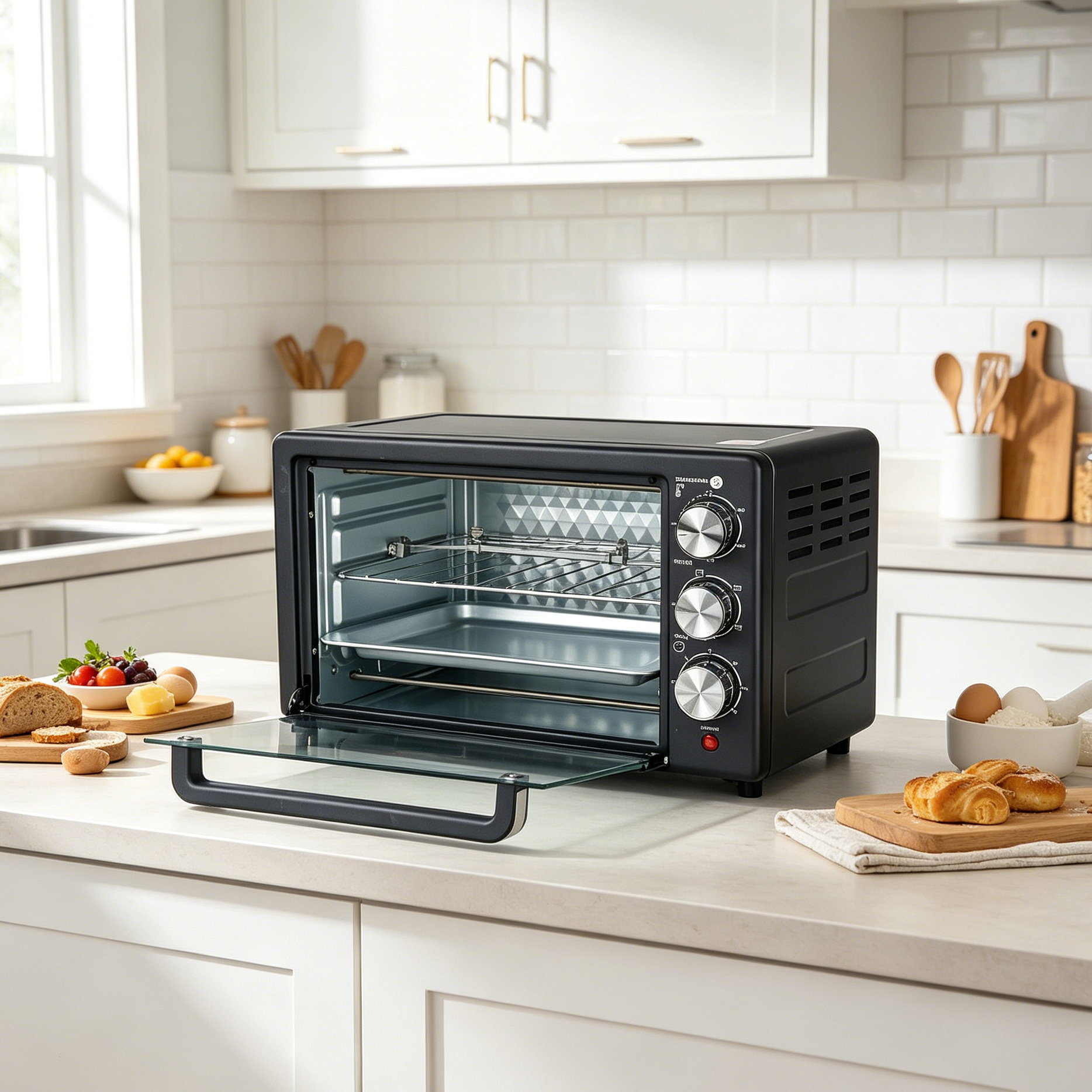 EM 20 Litres Electric Rotisserie Oven – 3 Knob Multi-Function Toaster Oven, Built-in rotisserie function for perfectly roasted chicken, Adjustable temperature control for different recipes EO01 20L