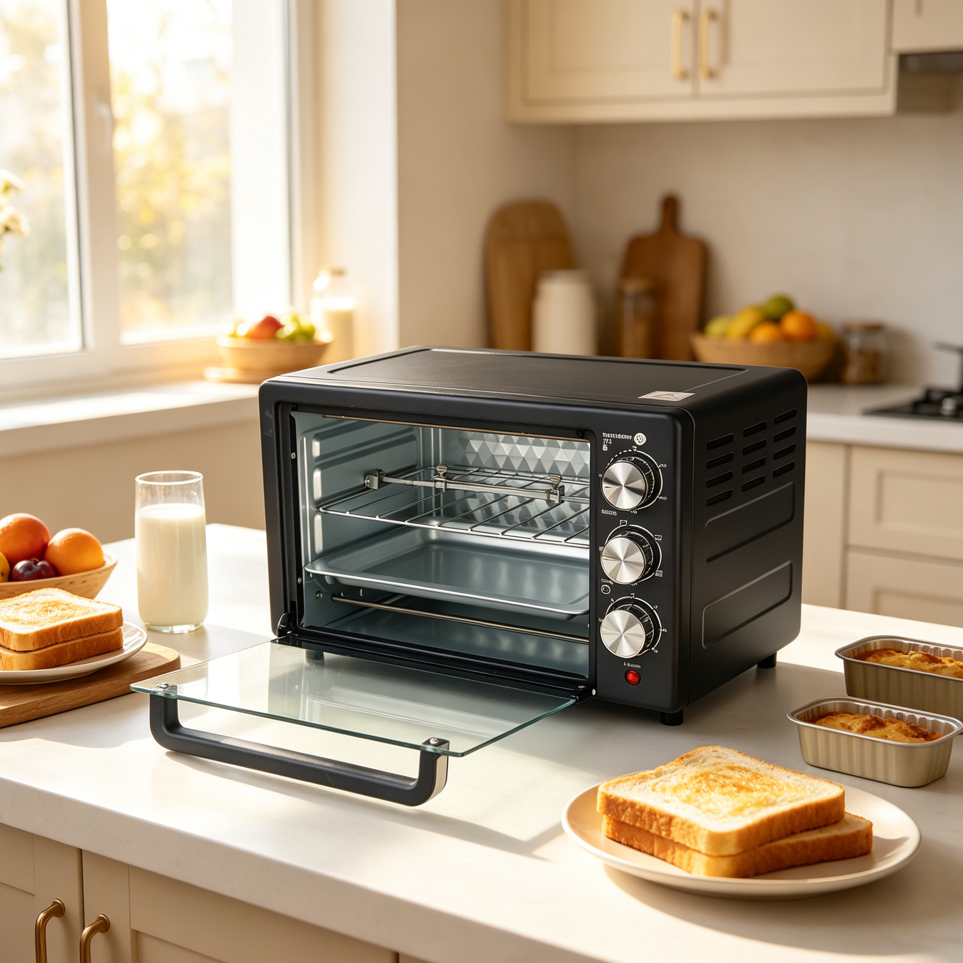 EM 20 Litres Electric Rotisserie Oven – 3 Knob Multi-Function Toaster Oven, Built-in rotisserie function for perfectly roasted chicken, Adjustable temperature control for different recipes EO01 20L
