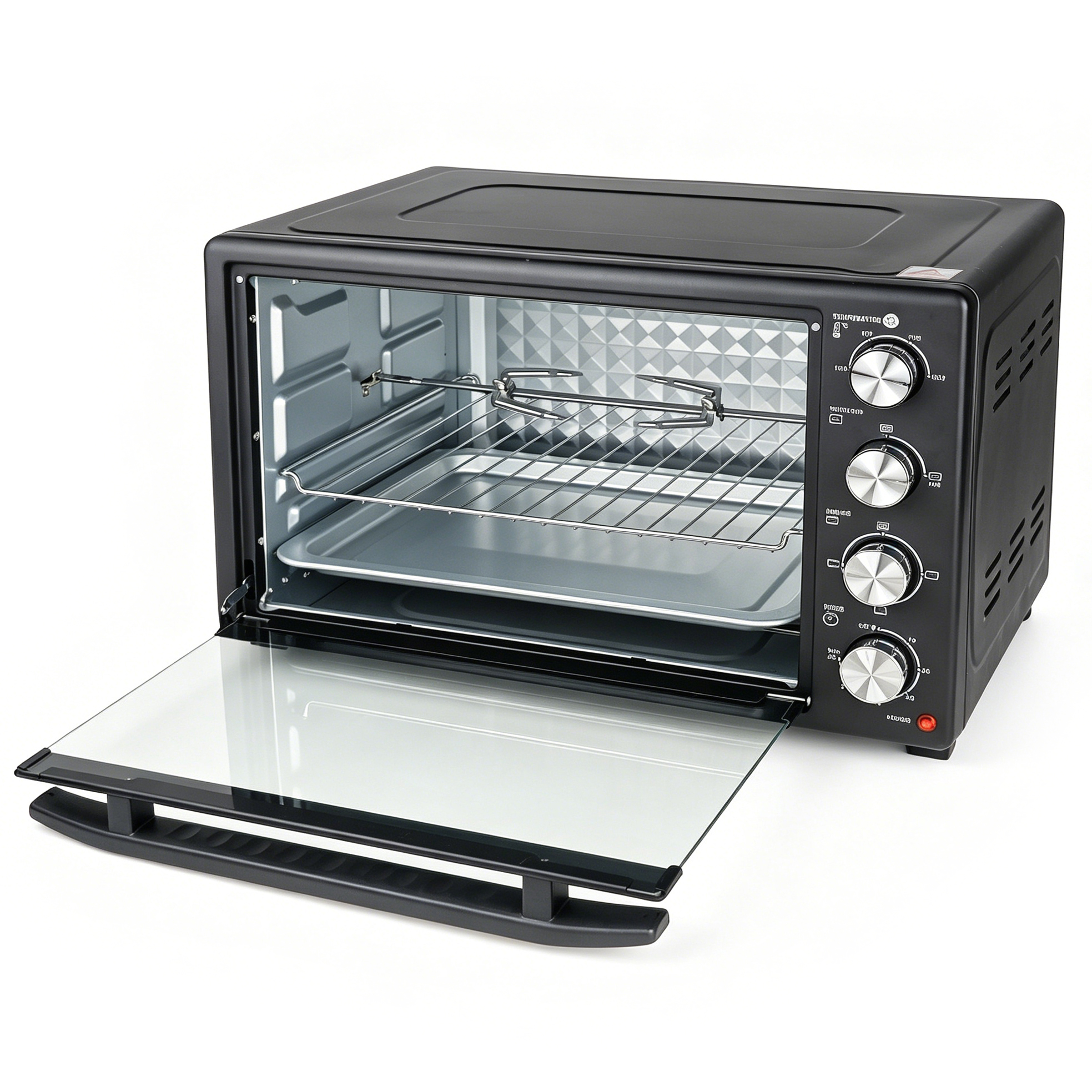 EM 45 Litres Electric Rotisserie Oven – 4 Knob Multi-Function Toaster Oven, Built-in rotisserie function for perfectly roasted chicken, Adjustable temperature control for different recipes EO02 45L