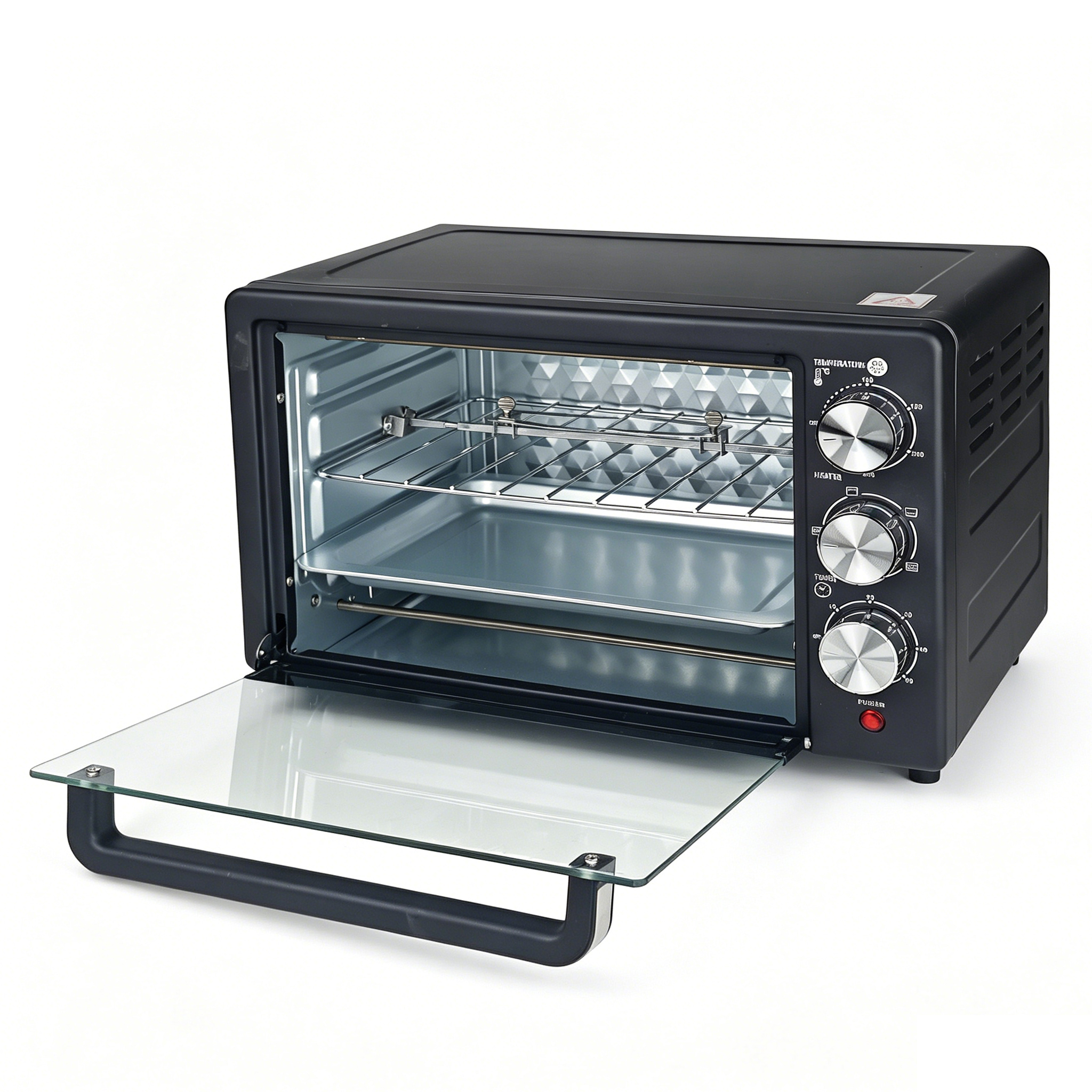 EM 20 Litres Electric Rotisserie Oven – 3 Knob Multi-Function Toaster Oven, Built-in rotisserie function for perfectly roasted chicken, Adjustable temperature control for different recipes EO01 20L