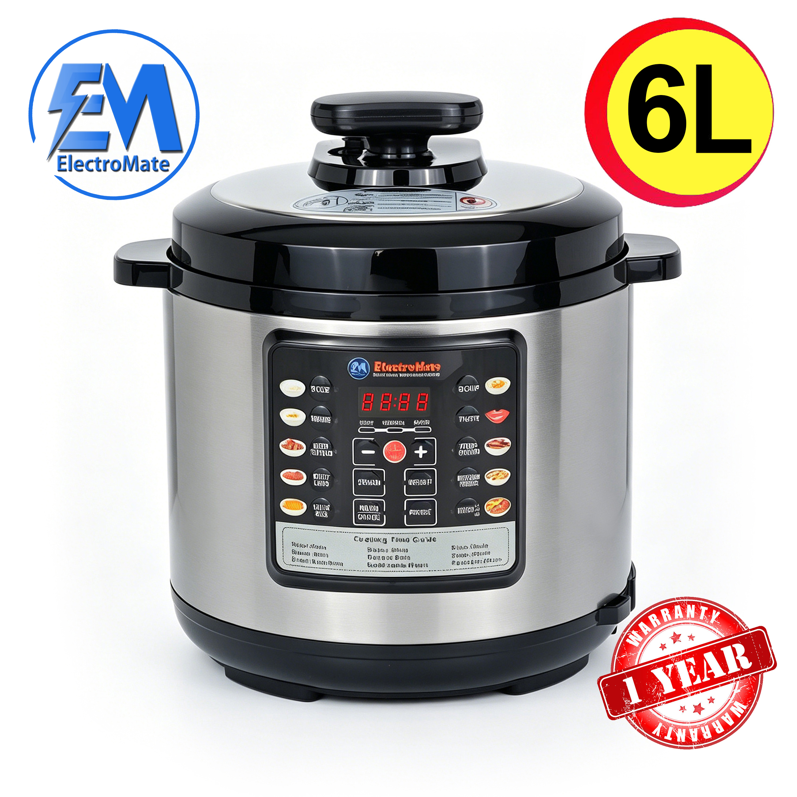 EM Electric Pressure Cooker 6 Litres, Non-Stick - 10 in 1 Multi-functional, Rice, Beans, Meat Cooker EPC01