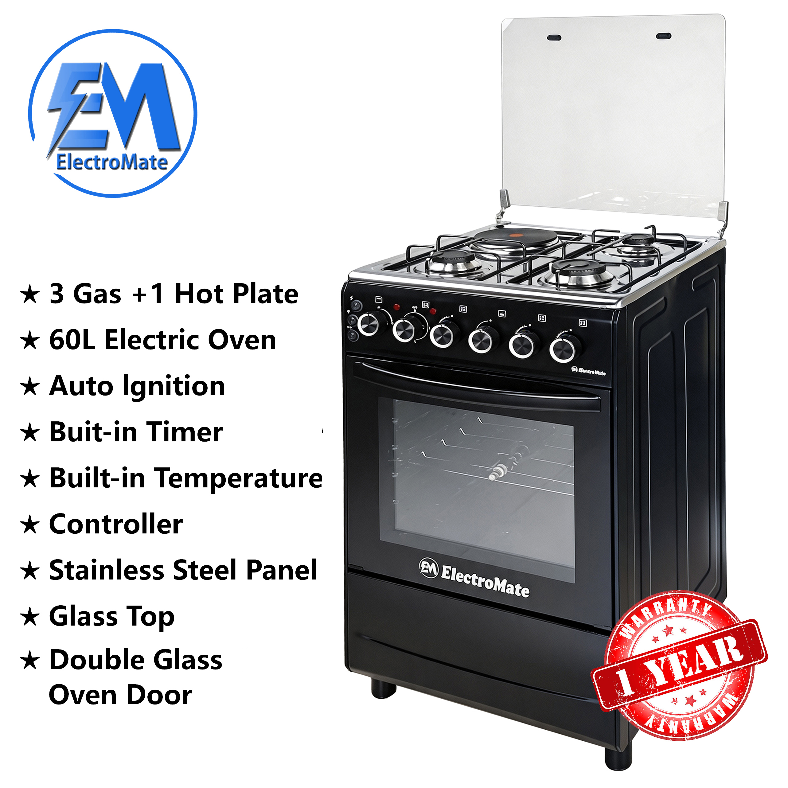 EM 3 Gas + 1 Electric 4 Burners Free Standing Gas Cooker Cooking Range with 60L Oven Automatic lgnition 50X55CM SGC502