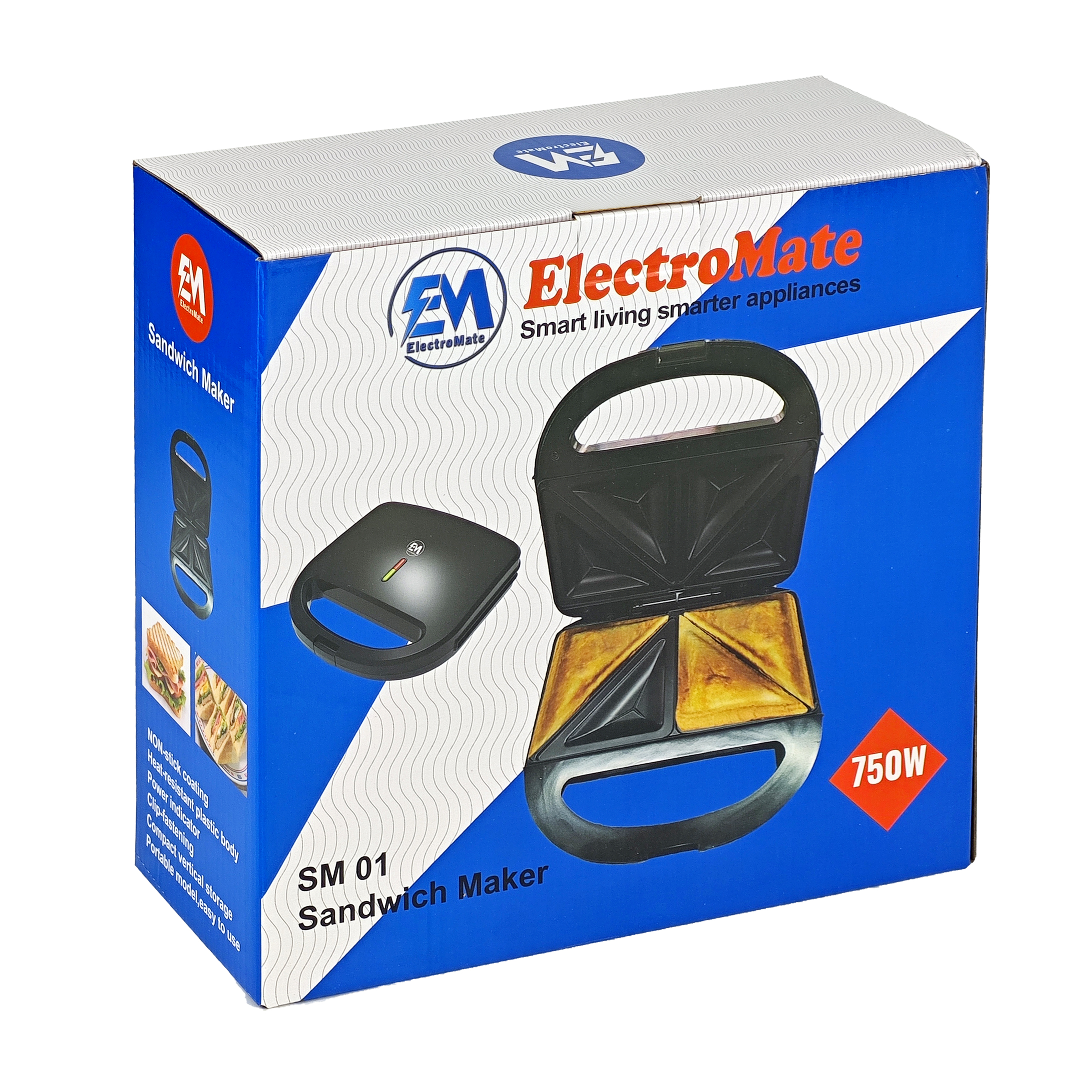 EM Sandwich Maker 2-Slice Non-Stick 750W Toaster for Bread – Perfect for Quick and Easy Snacks  ElectroMate