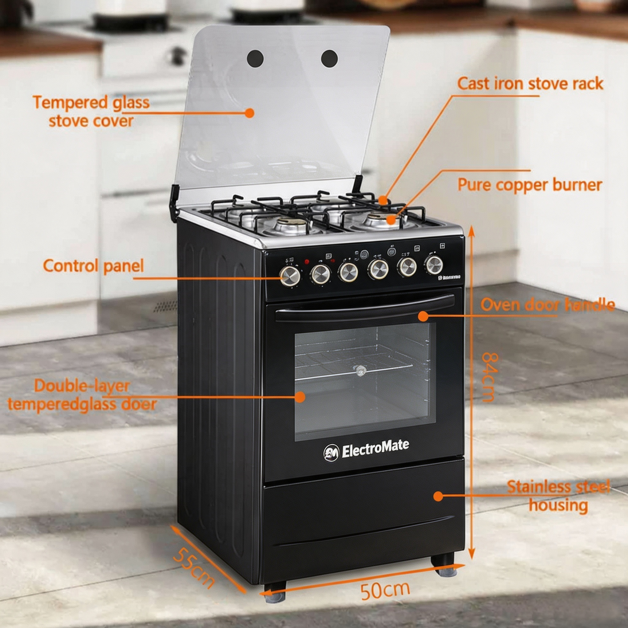 EM 3 Gas + 1 Electric 4 Burners Free Standing Gas Cooker Cooking Range with 60L Oven Automatic lgnition 50X55CM SGC502