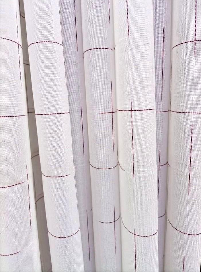 White & Maroon Heavy Sheer Curtains - 240cm Polyester Rod Pocket Design