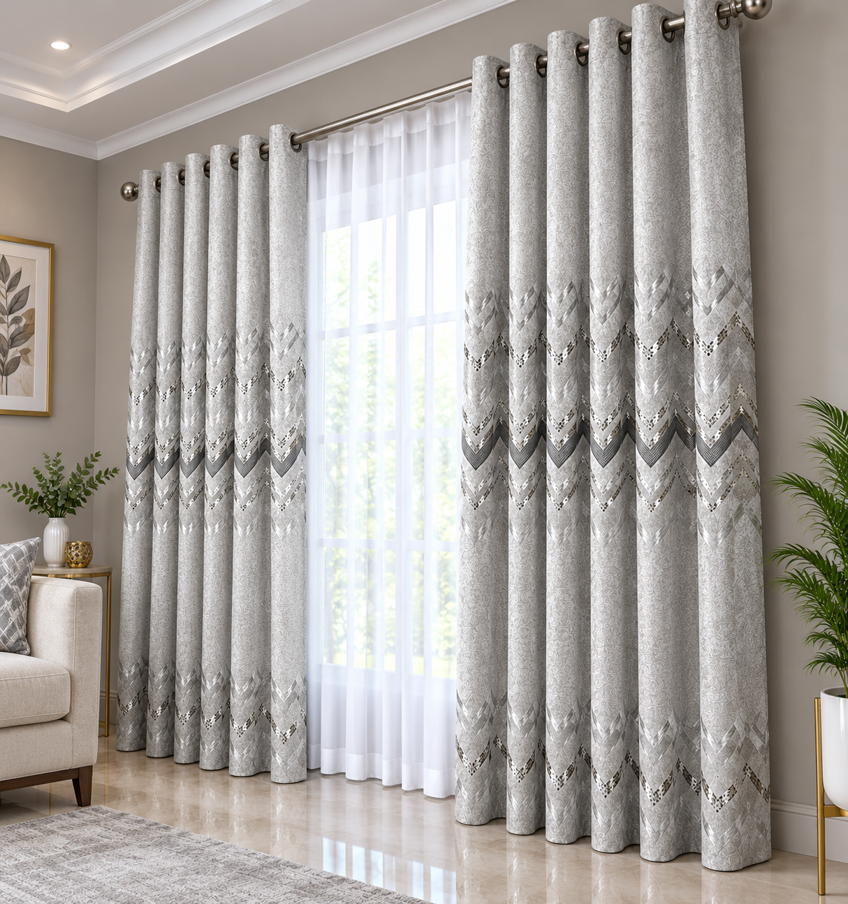 2Pcs Heavy Fabric Cream Grey Pattern Curtains 2.4M – Eyelet Curtain Set for Window & Door, Elegant Home Décor, Bedroom & Living Room Curtains, Curtain Window & Curtain Door