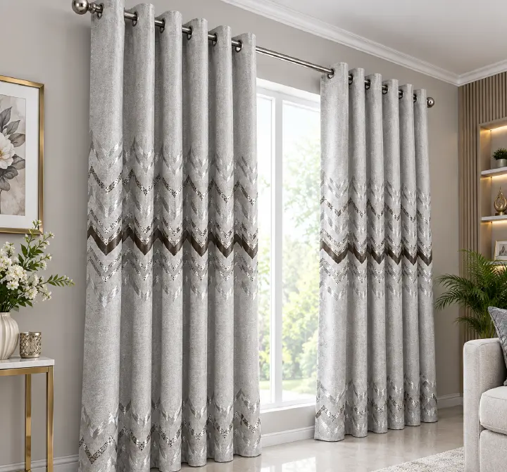 2Pcs Superb Quality Heavy Fabric Cream With Brown Patterns Curtains For Home Window and Door. They Come with Eyelet Header and a height of 2.25m