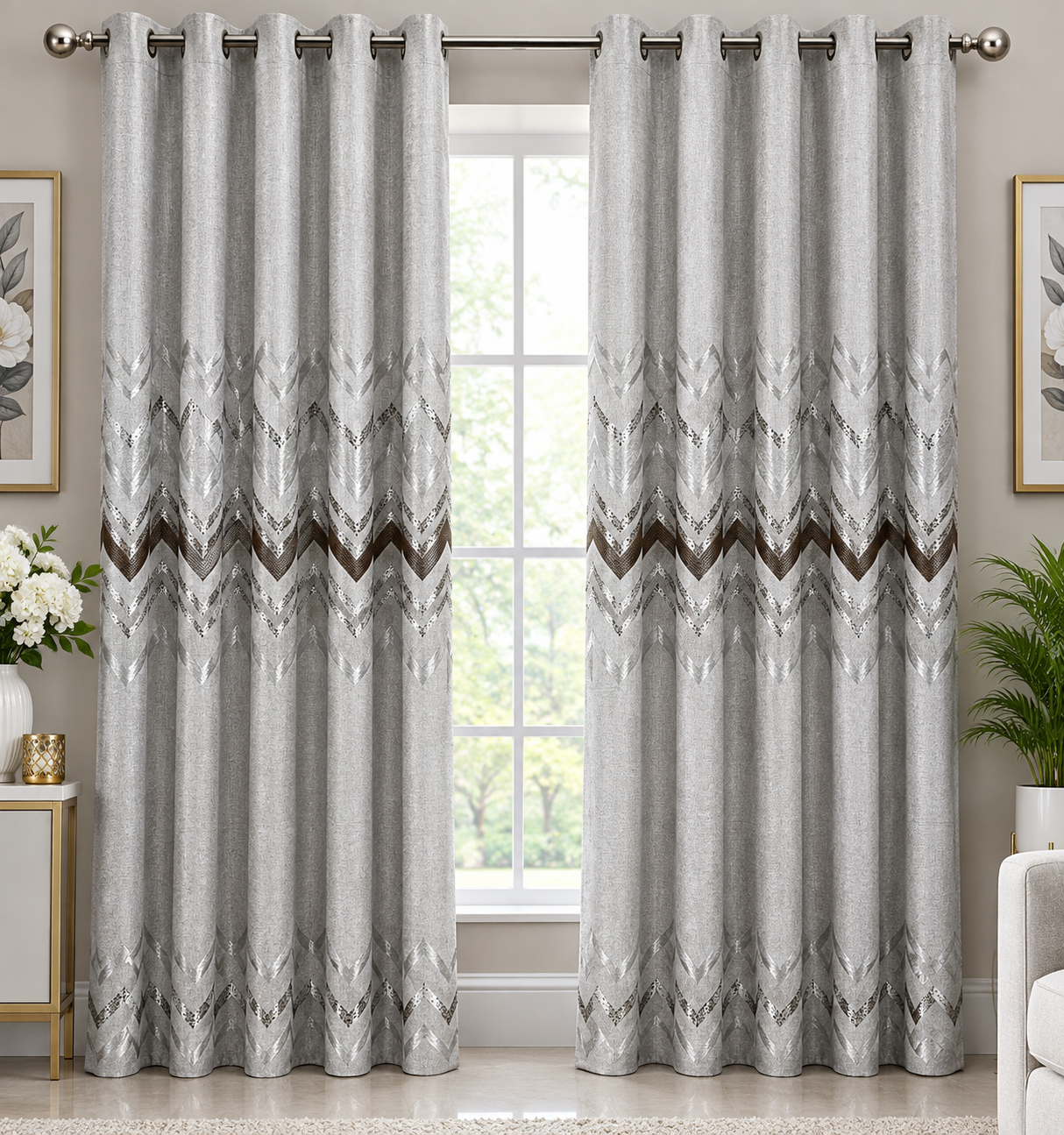 2Pcs Superb Quality Heavy Fabric Cream With Brown Patterns Curtains For Home Window and Door. They Come with Eyelet Header and a height of 2.25m
