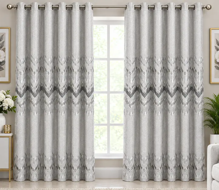 2Pcs Heavy Fabric Cream Grey Pattern Curtains 2.4M – Eyelet Curtain Set for Window & Door, Elegant Home Décor, Bedroom & Living Room Curtains, Curtain Window & Curtain Door