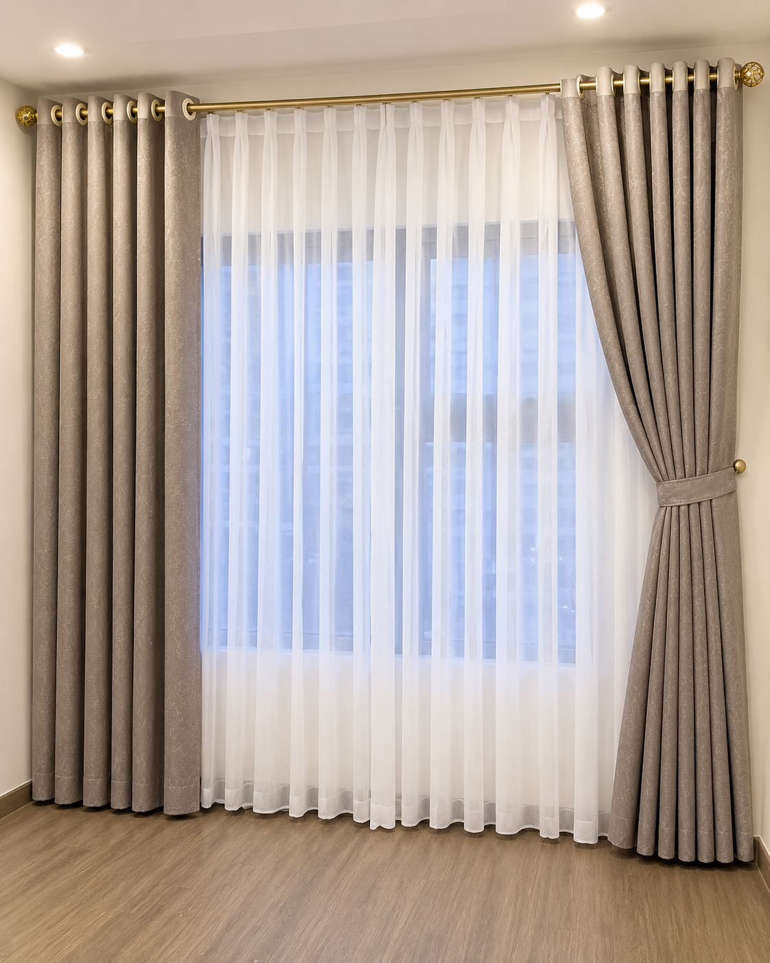 2Pcs×4M Superb Quality Heavy Fabric Light Grey Curtains With a Free 6M Cream white Sheer With Rod Pocket Header For Home Window and Door. Curtains Come with Eyelet Header and a height of 2.25m