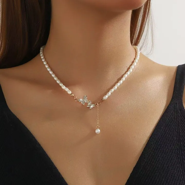 Pearl Necklace Lady Butterfly Necklace Double Diamond Butterfly Pendant Choker Necklace Ladies Necklaces Personality Fashion Lady Jewelry