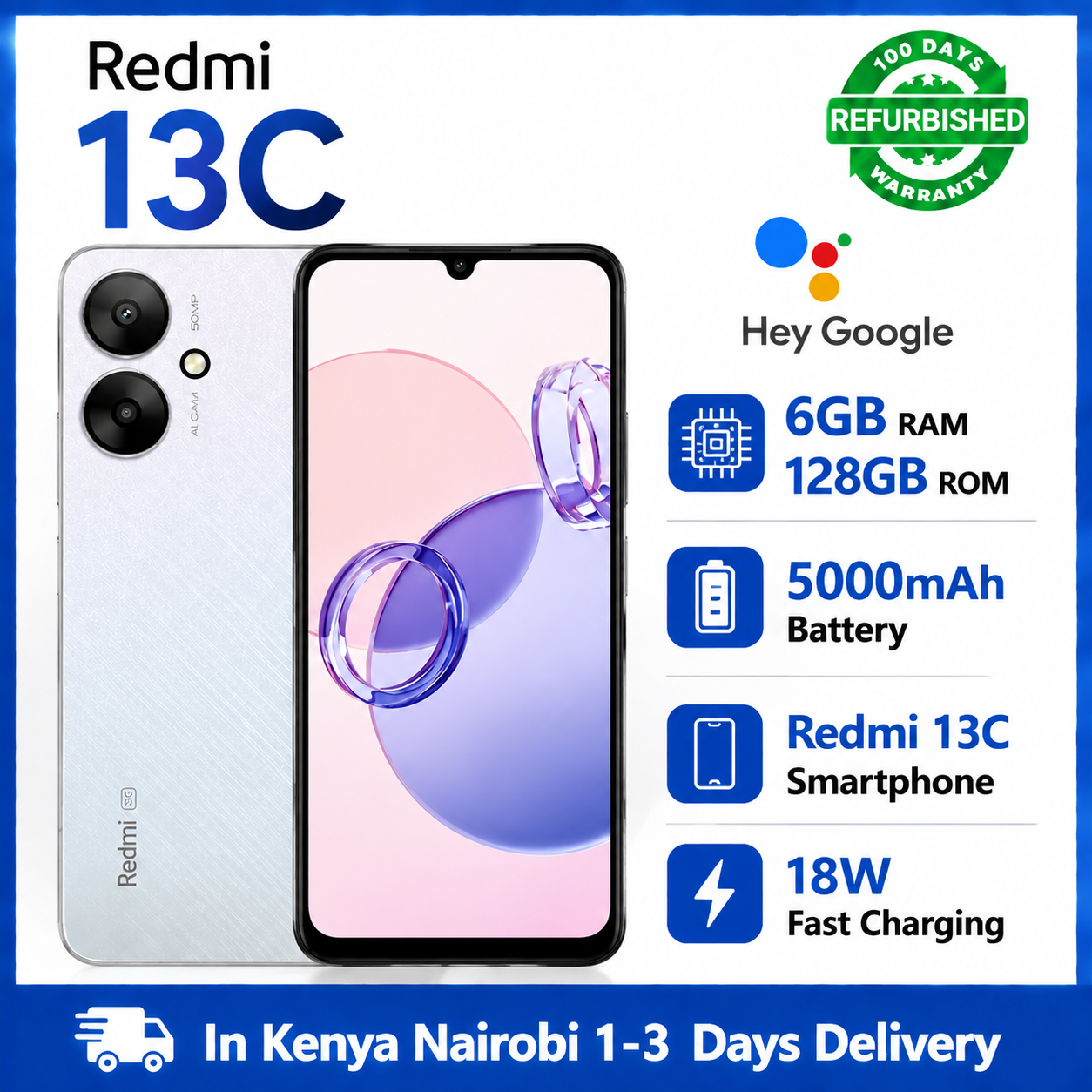 Refurbished Xiaomi Redmi 13C Smartphone 4G LTE 6GB RAM 128GB ROM 50MP AI Camera 5000mAh Battery Dual SIM Android Mobile Phone