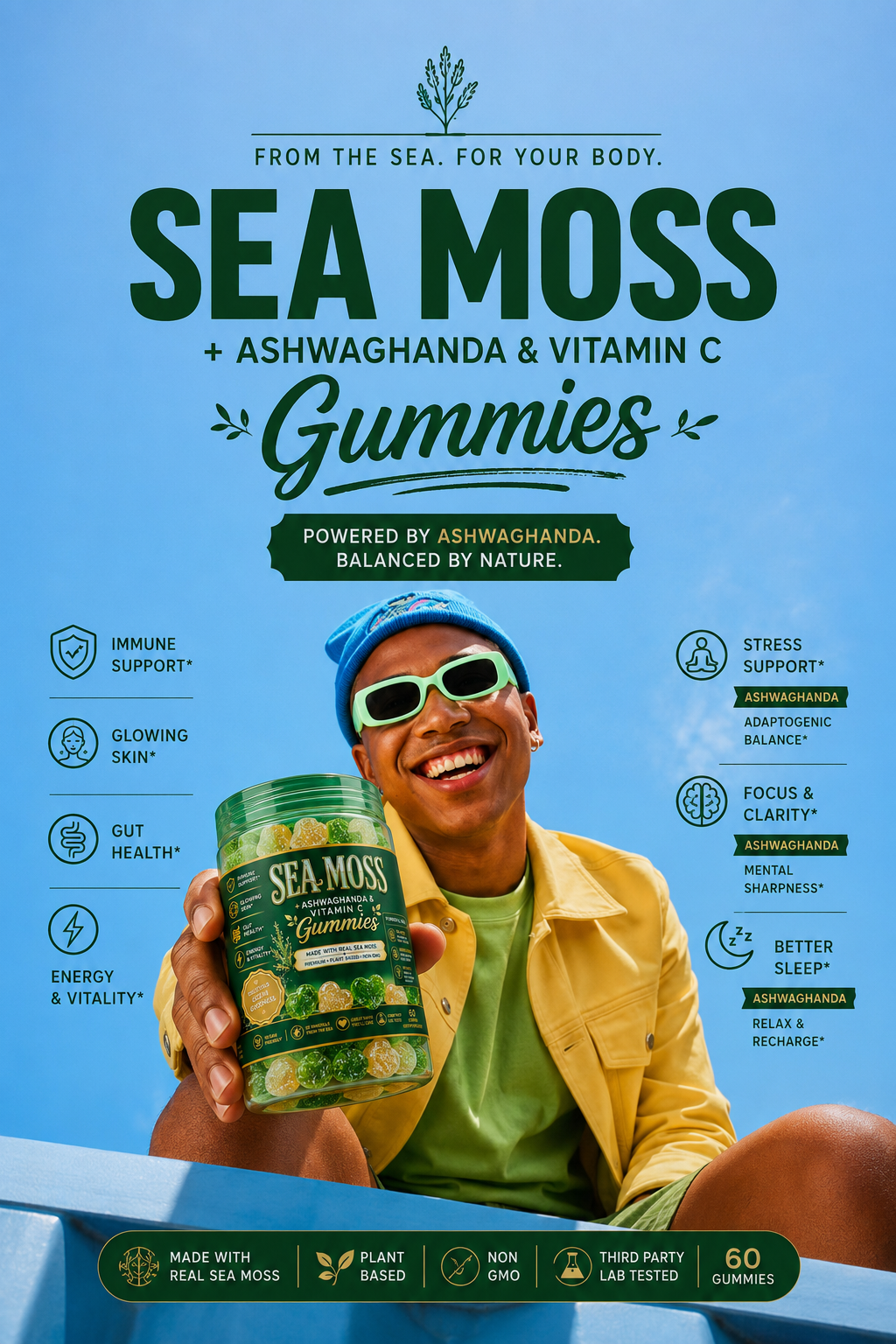 Premium sea moss gummies with ashwagandha & vitamin C. Support immunity, skin, gut health & energy, Vegan, Very Sweet