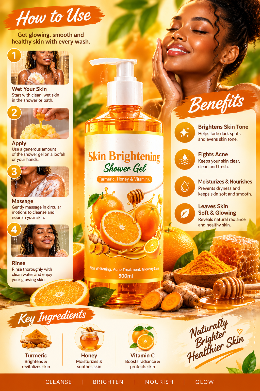 Skin Brightening Shower Gel with Turmeric, Honey & Vitamin C – Deep Cleansing, Moisturizing & Glowing Skin