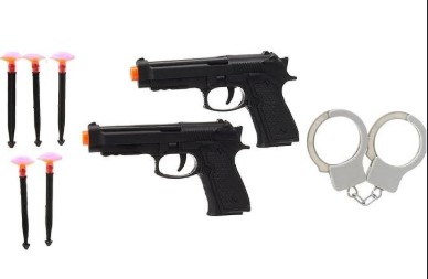 Toy Police Pretend-Play Set – 2 Toy Blaster Pistols with Handcuffs & Soft Foam DartsBlack Safe Soft Pellet Shooter for Kids Outdoor Play Shooting Game CBC School Pretend Police 2 Toy Gun With Arrows