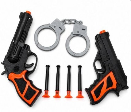 Toy Police Pretend-Play Set – 2 Toy Blaster Pistols with Handcuffs & Soft Foam DartsBlack Safe Soft Pellet Shooter for Kids Outdoor Play Shooting Game CBC School Pretend Police 2 Toy Gun With Arrows