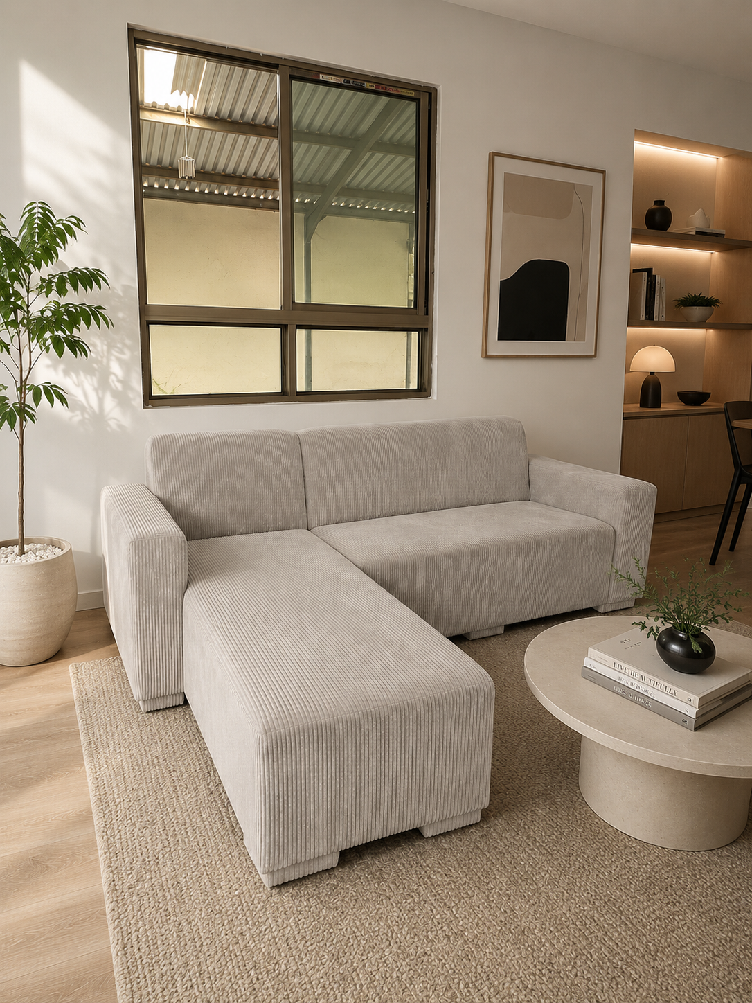 L-Shape Sectional Sofa – Luxe Haven Corduroy  Modern Minimalist Statement Couch for Elegant Living Spaces