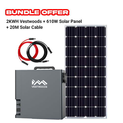 BUNDLE OFFER! Vestwoods 2KVA/2KWh Solar Power Station Bundle + 610W Solar Panel +20M Solar Cable  | 3-in-1 Inverter + Lithium-Ion Battery + Solar Controller | 1000W Rated Power Output | 2 YRS WARRANTY