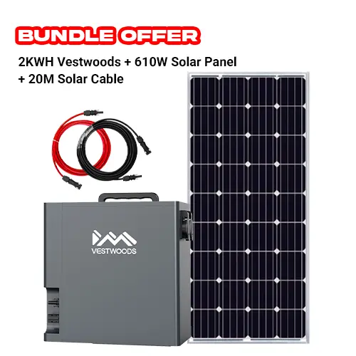 BUNDLE OFFER! Vestwoods 2KVA/2KWh Solar Power Station Bundle + 610W Solar Panel +20M Solar Cable  | 3-in-1 Inverter + Lithium-Ion Battery + Solar Controller | 1000W Rated Power Output | 2 YRS WARRANTY
