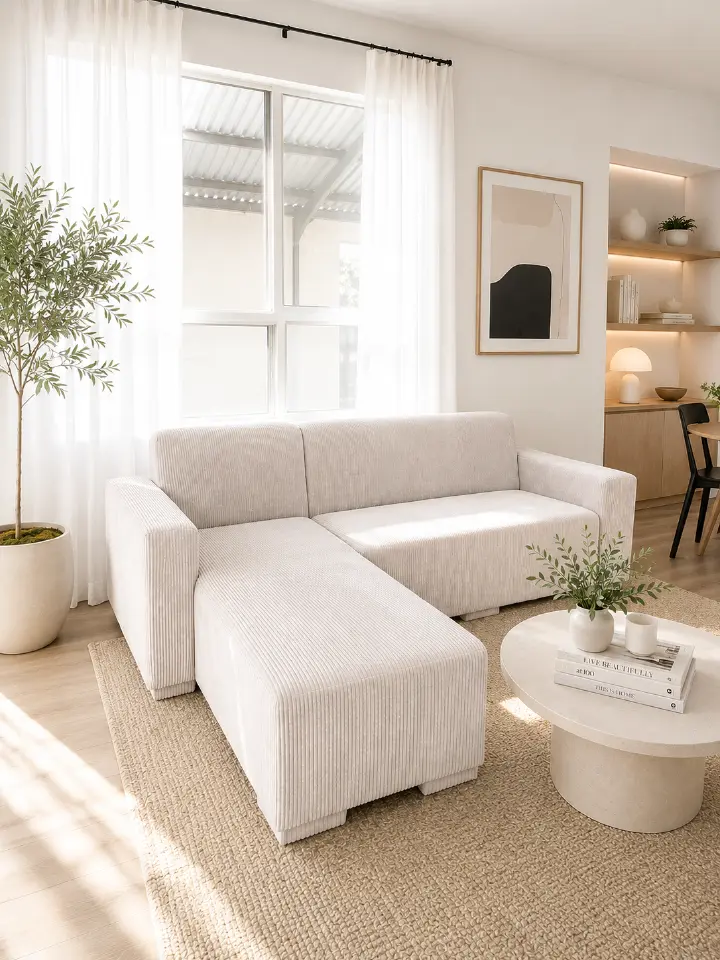 L-Shape Sectional Sofa – Luxe Haven Corduroy  Modern Minimalist Statement Couch for Elegant Living Spaces