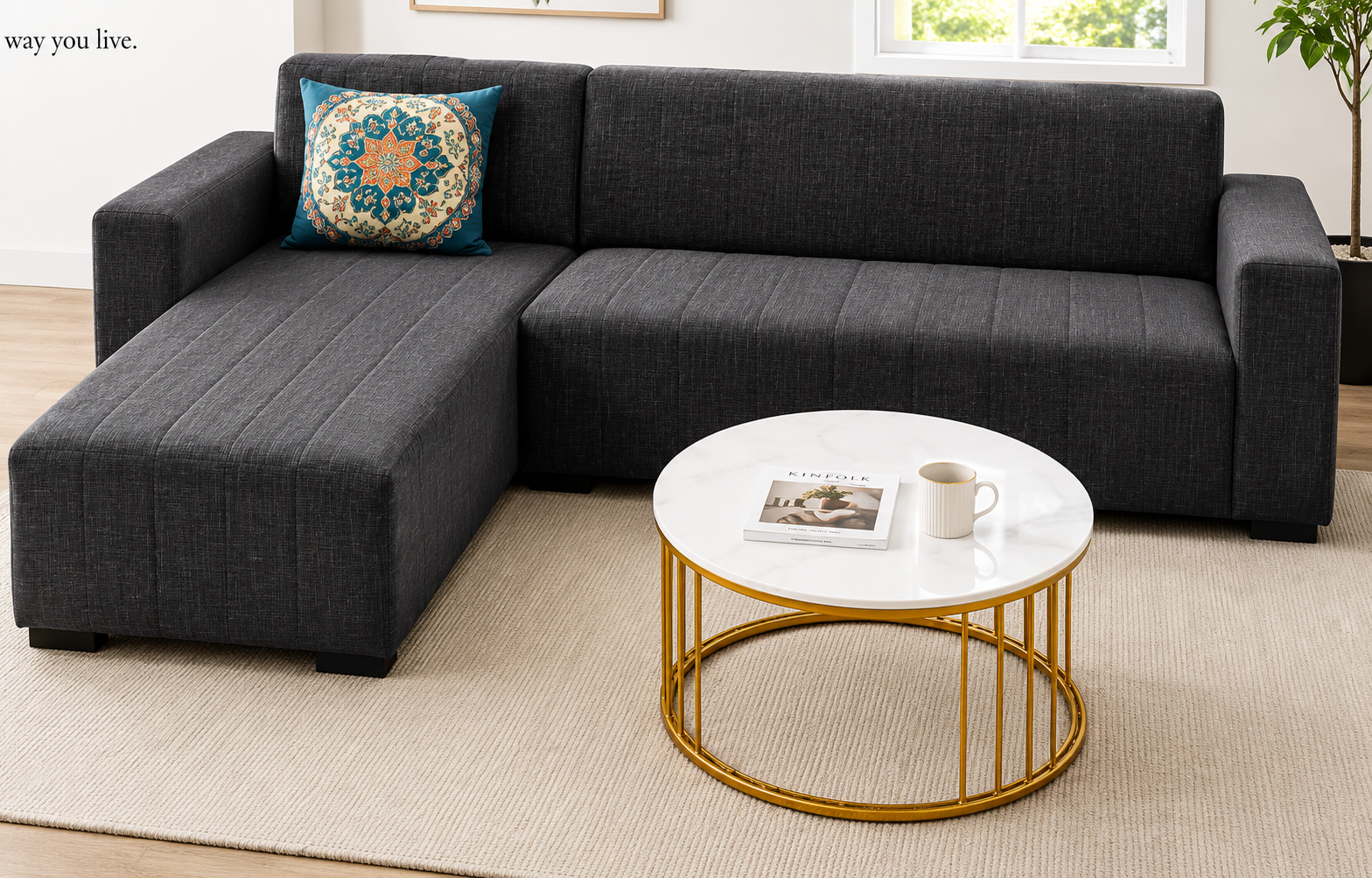 Modern 4-Seater Corduroy L-Shaped Sofa – Minimalist Lounge Couch with Chaise, Soft Fabric Sectional Sofa for Living Room