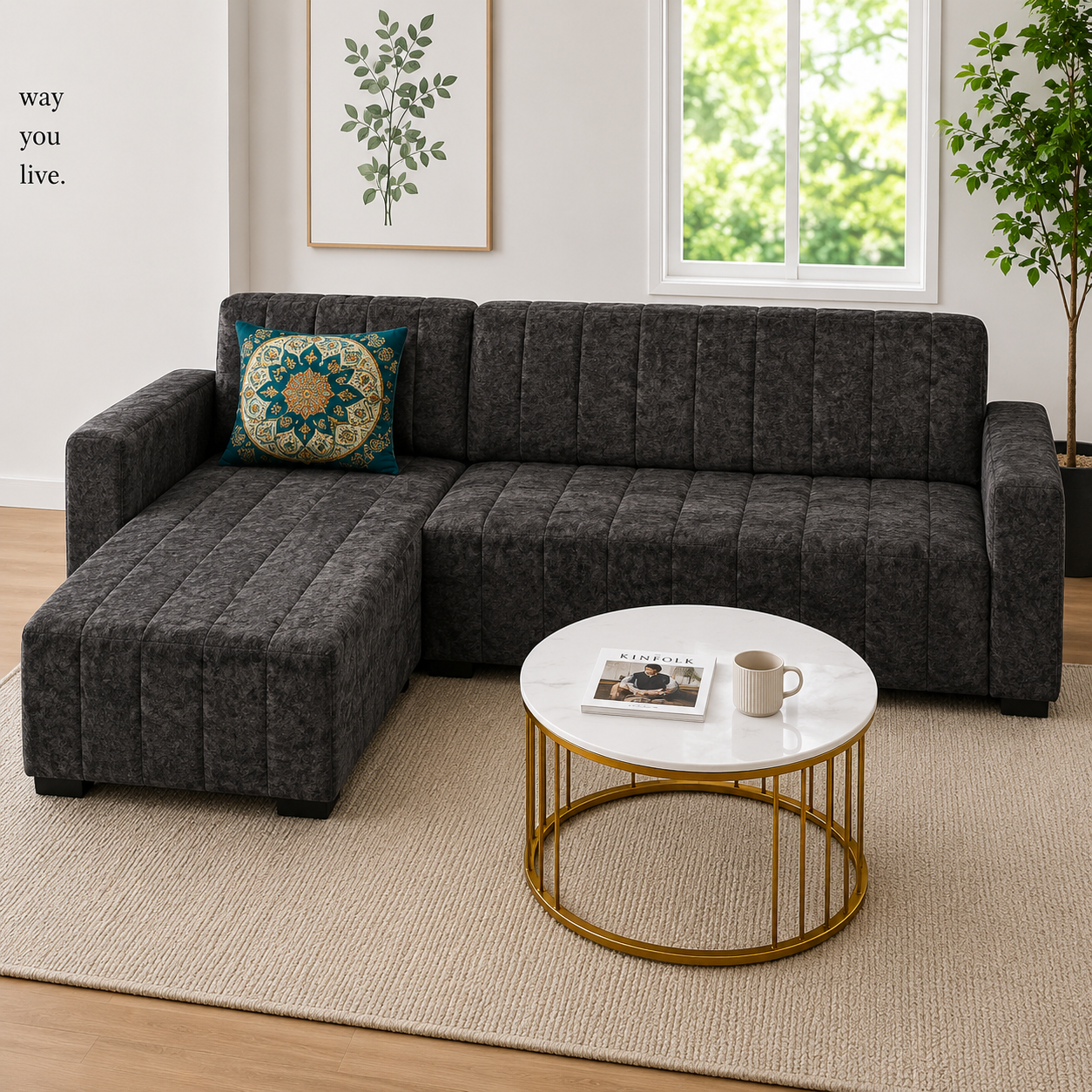 Modern 4-Seater Corduroy L-Shaped Sofa – Minimalist Lounge Couch with Chaise, Soft Fabric Sectional Sofa for Living Room