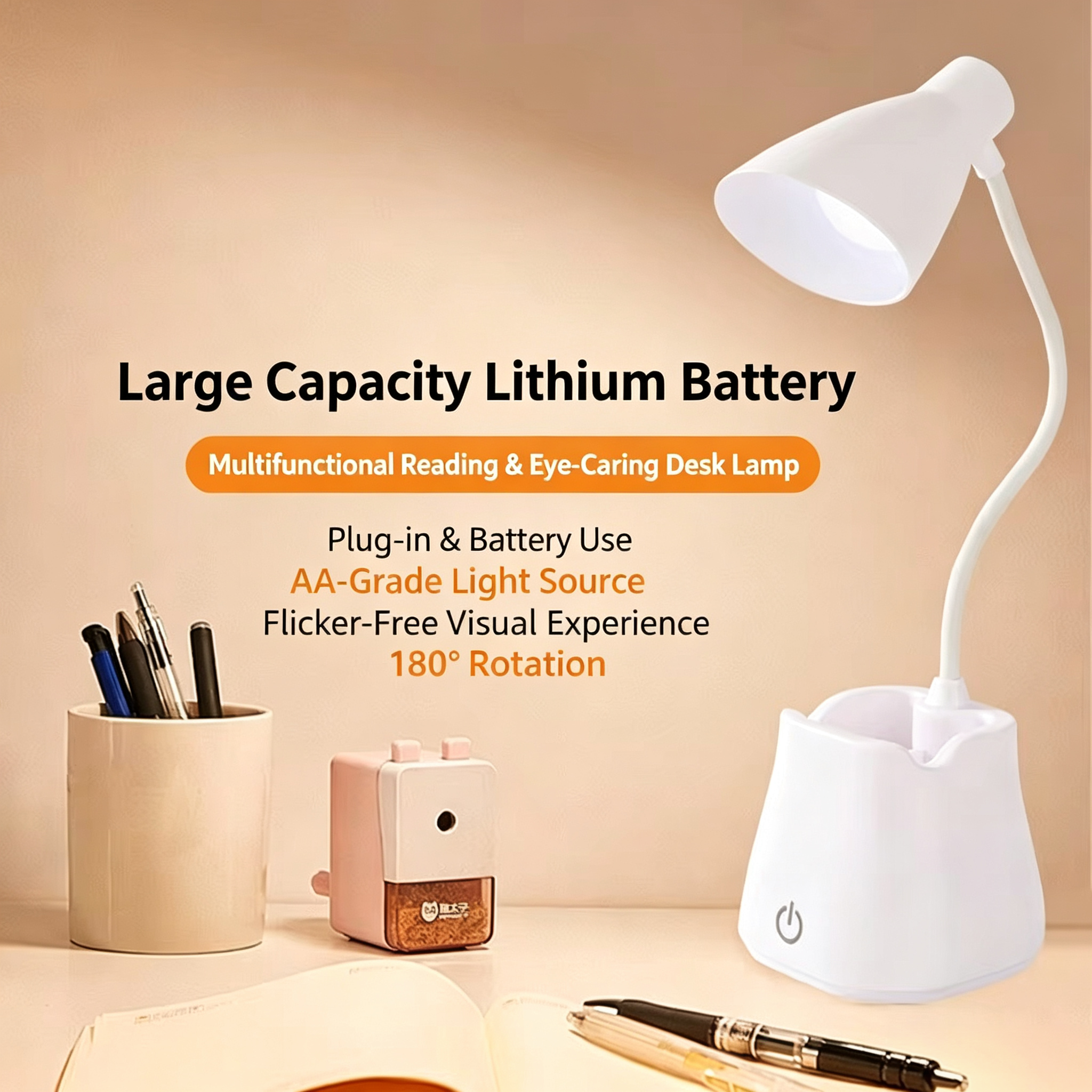Rechargeable LED Desk Lamp – Touch Adjustable Folding Reading Light with Pen Holder & Eye Protection.Love Eye Soft Light Reading Lamp  USB Rechargeable Foldable Smart Touch LED Study Light for Student