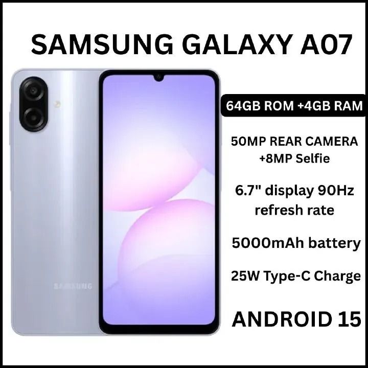 Samsung Galaxy A07 128GB+4GB 64GB4GB MTK Helio G99 6.7" 90Hz 50MP AI Camera 5000mAh 25W Android 15 IP54 Waterproof Type-C Charge Smart Phones 6X OS Upgrades phone