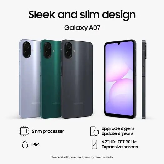 Samsung Galaxy A07 128GB+4GB 64GB4GB MTK Helio G99 6.7" 90Hz 50MP AI Camera 5000mAh 25W Android 15 IP54 Waterproof Type-C Charge Smart Phones 6X OS Upgrades phone