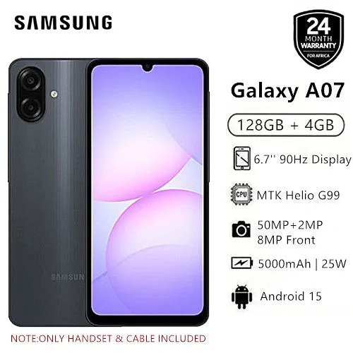 Samsung Galaxy A07 128GB+4GB 64GB4GB MTK Helio G99 6.7" 90Hz 50MP AI Camera 5000mAh 25W Android 15 IP54 Waterproof Type-C Charge Smart Phones 6X OS Upgrades phone