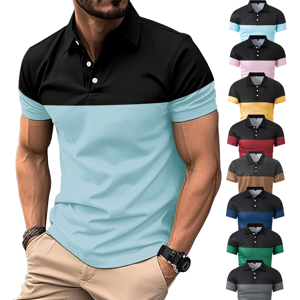 Plus Size Men Clothes Men's Casual POLO Shirt Business V-neck Button Short Sleeve Man T-shirt Color Matching Men's Tops