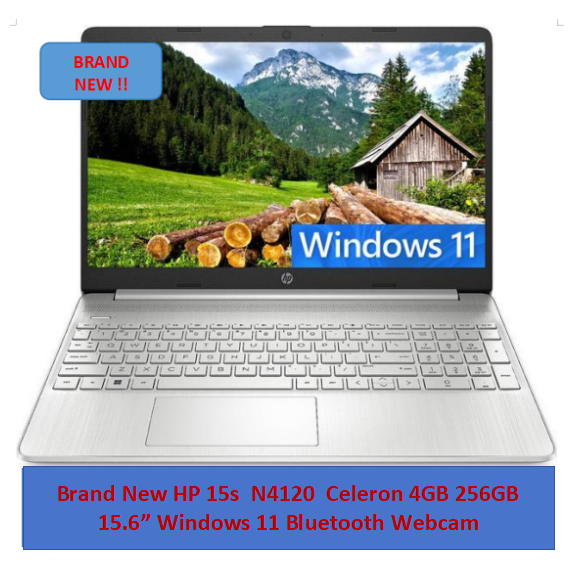 BRAND NEW HP 15s -15S-FQ007NIA Intel Celeron 4GB 256GB SSD 15.6" FHD Windows 11 Home Fingerprint Reader HD Camera Dual Speakers Bluetooth 4.2 Wireless card Natural Silver one year Warranty Laptop