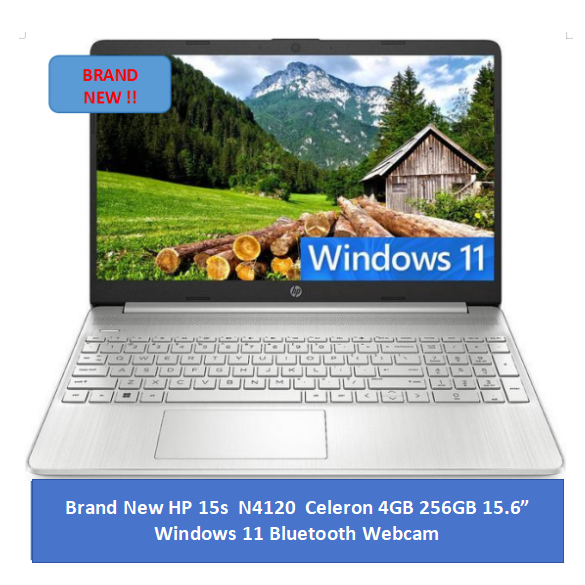 BRAND NEW HP 15s -15S-FQ007NIA Intel Celeron 4GB 256GB SSD 15.6" FHD Windows 11 Home Fingerprint Reader HD Camera Dual Speakers Bluetooth 4.2 Wireless card Natural Silver one year Warranty Laptop