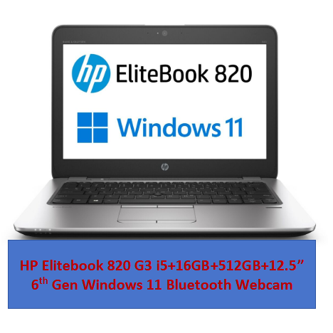 (i5+16GB+512GB+12.5") Refurbished HP Elitebook 820 G3 i5 6th Gen 16GB RAM 512GB SSD Windows 11 Laptop 12.5 Inch FHD Display Bluetooth Webcam