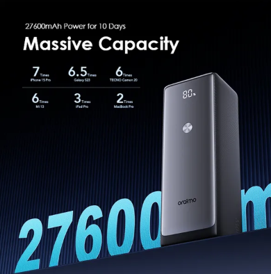 Oraimo Power Bank OPB-727SQ 27600mAh 130W Multiple Device Type C Super-Fast Charging 3 Port 130W Output Highspeed Charging 1 Input Port Smart LED Display Temperature Control Cooling System Power Bank