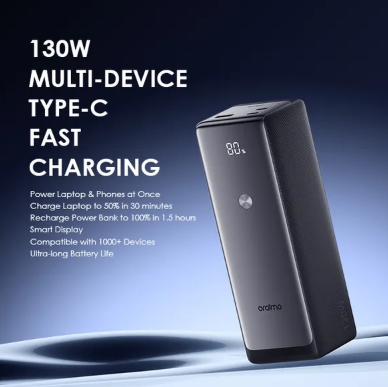 Oraimo Power Bank OPB-727SQ 27600mAh 130W Multiple Device Type C Super-Fast Charging 3 Port 130W Output Highspeed Charging 1 Input Port Smart LED Display Temperature Control Cooling System Power Bank