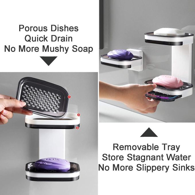 Strong Double Layer Soap Dish with Drain Adhesive Bar Soap Holder Case , Sponge Holder Tray for Shower, Bathroom, Kitchen, Sink, 2 Wall Mounted Ways, Elegant Space Saver,No Drilling JUST PEEL&STICK