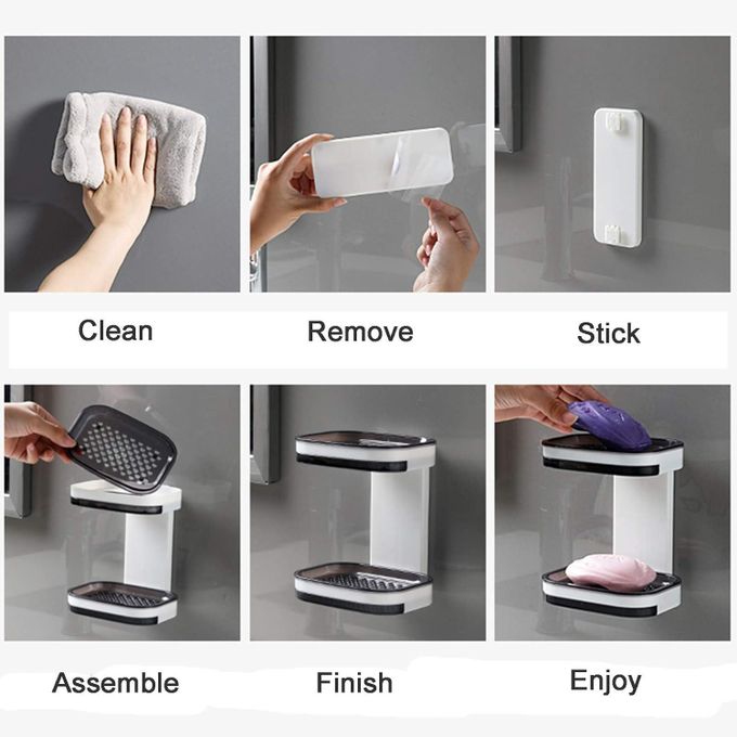 Strong Double Layer Soap Dish with Drain Adhesive Bar Soap Holder Case , Sponge Holder Tray for Shower, Bathroom, Kitchen, Sink, 2 Wall Mounted Ways, Elegant Space Saver,No Drilling JUST PEEL&STICK