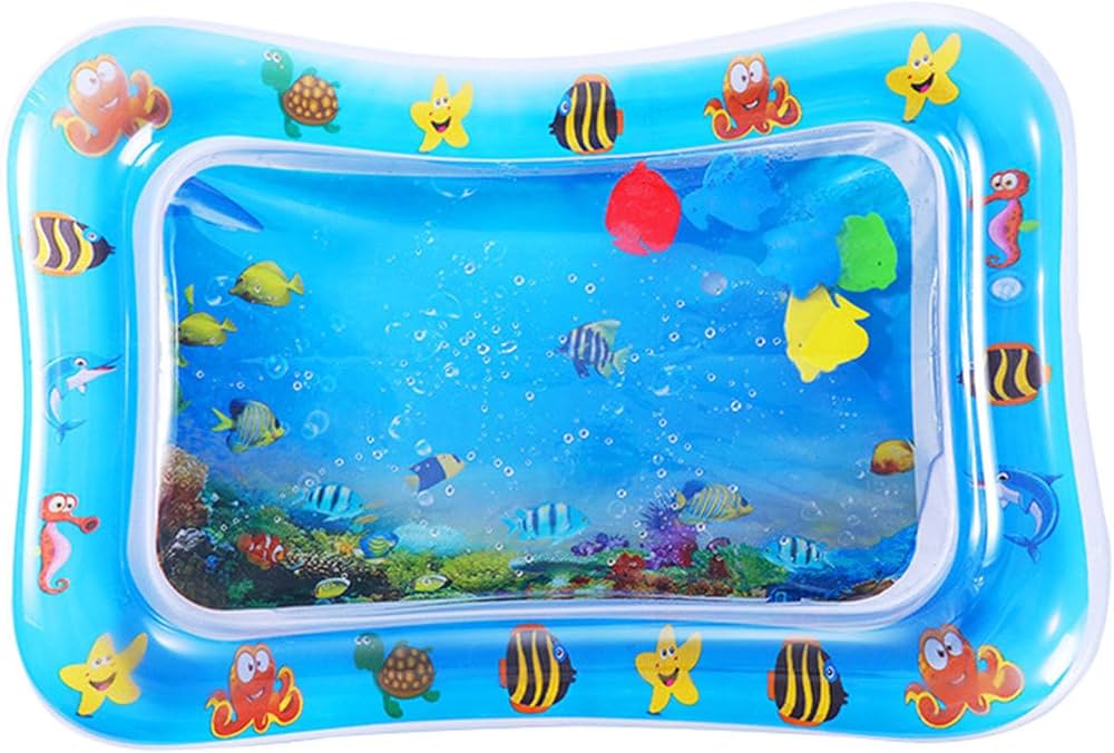 Baby tummy time water play mat pad - featuring: 🐋5 floating animals, 🐟water tube inside, 🐡inflatable air tube outside.Inflatable Water Play Mat for Kids, Sensory Activity Toy for Babies,