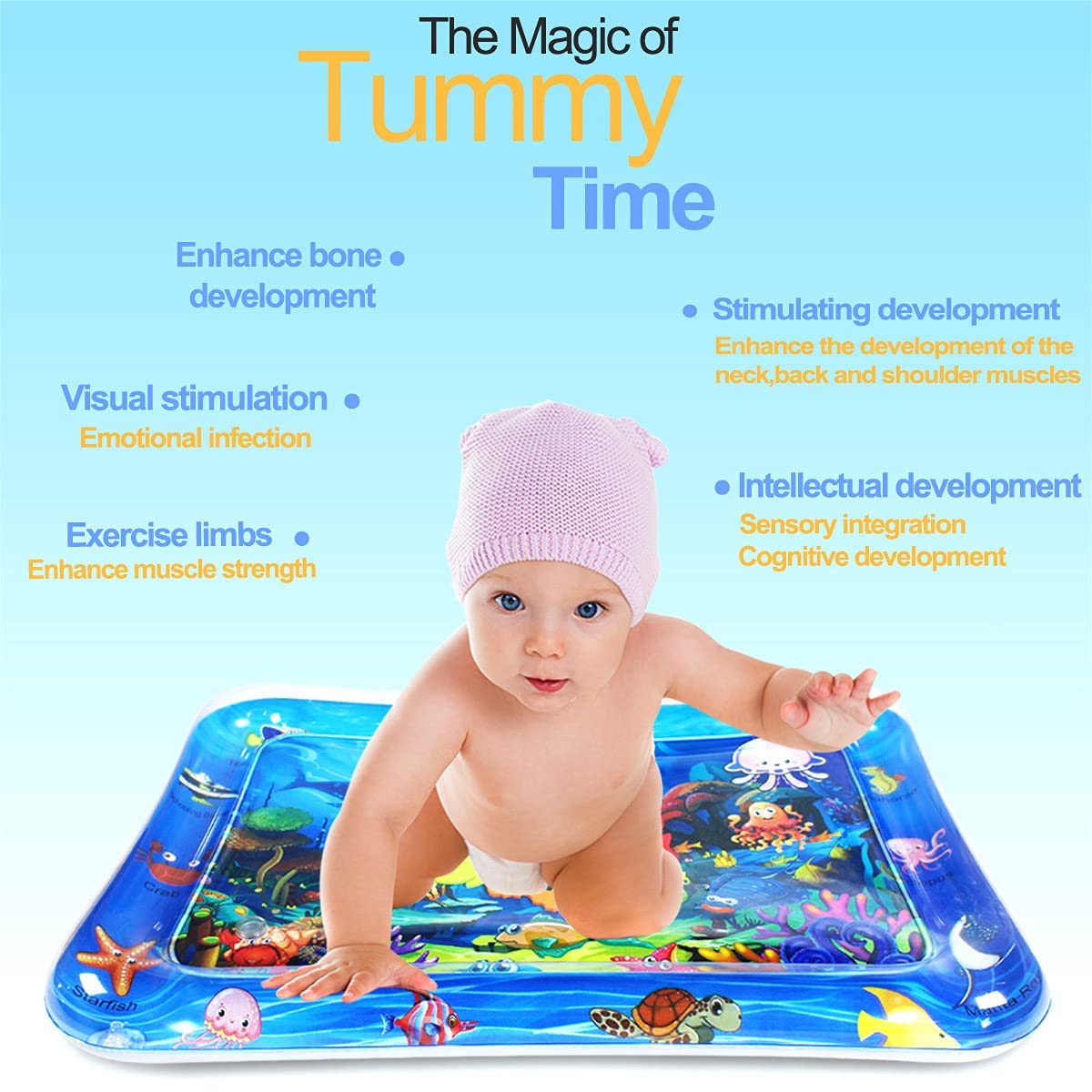 Baby tummy time water play mat pad - featuring: 🐋5 floating animals, 🐟water tube inside, 🐡inflatable air tube outside.Inflatable Water Play Mat for Kids, Sensory Activity Toy for Babies,