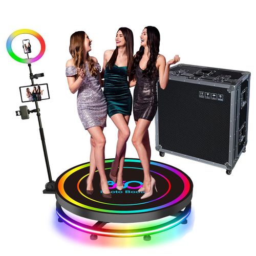 360 Photo Booth Machine Platform for Parties with RGB Lights, Software APP Remote Automatic 360° Spin Camera Booth 450KG Load 5-7 People - 115cm Diameter