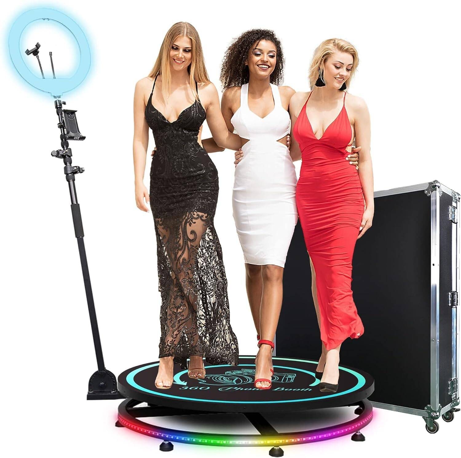 360 Photo Booth Machine Platform for Parties with RGB Lights, Software APP Remote Automatic 360° Spin Camera Booth 450KG Load 5-7 People - 115cm Diameter