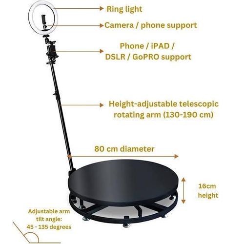 360 Photo Booth Machine Platform for Parties with RGB Lights, Software APP Remote Automatic 360° Spin Camera Booth 450KG Load 5-7 People - 115cm Diameter