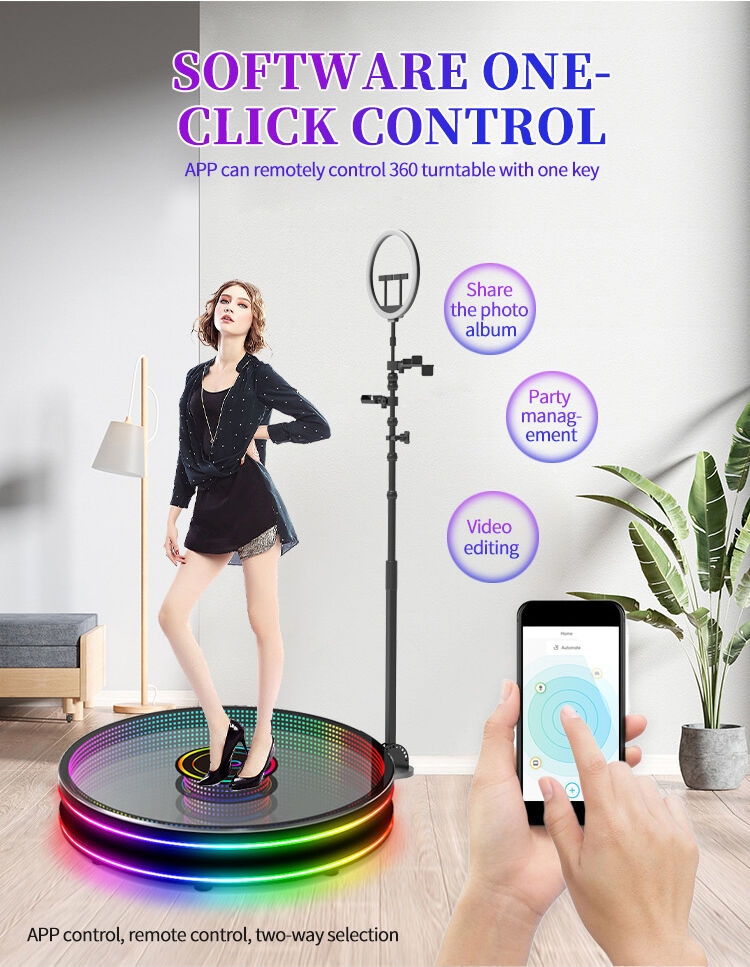 360 Photo Booth Machine Platform for Parties with RGB Lights, Software APP Remote Automatic 360° Spin Camera Booth 450KG Load 5-7 People - 115cm Diameter